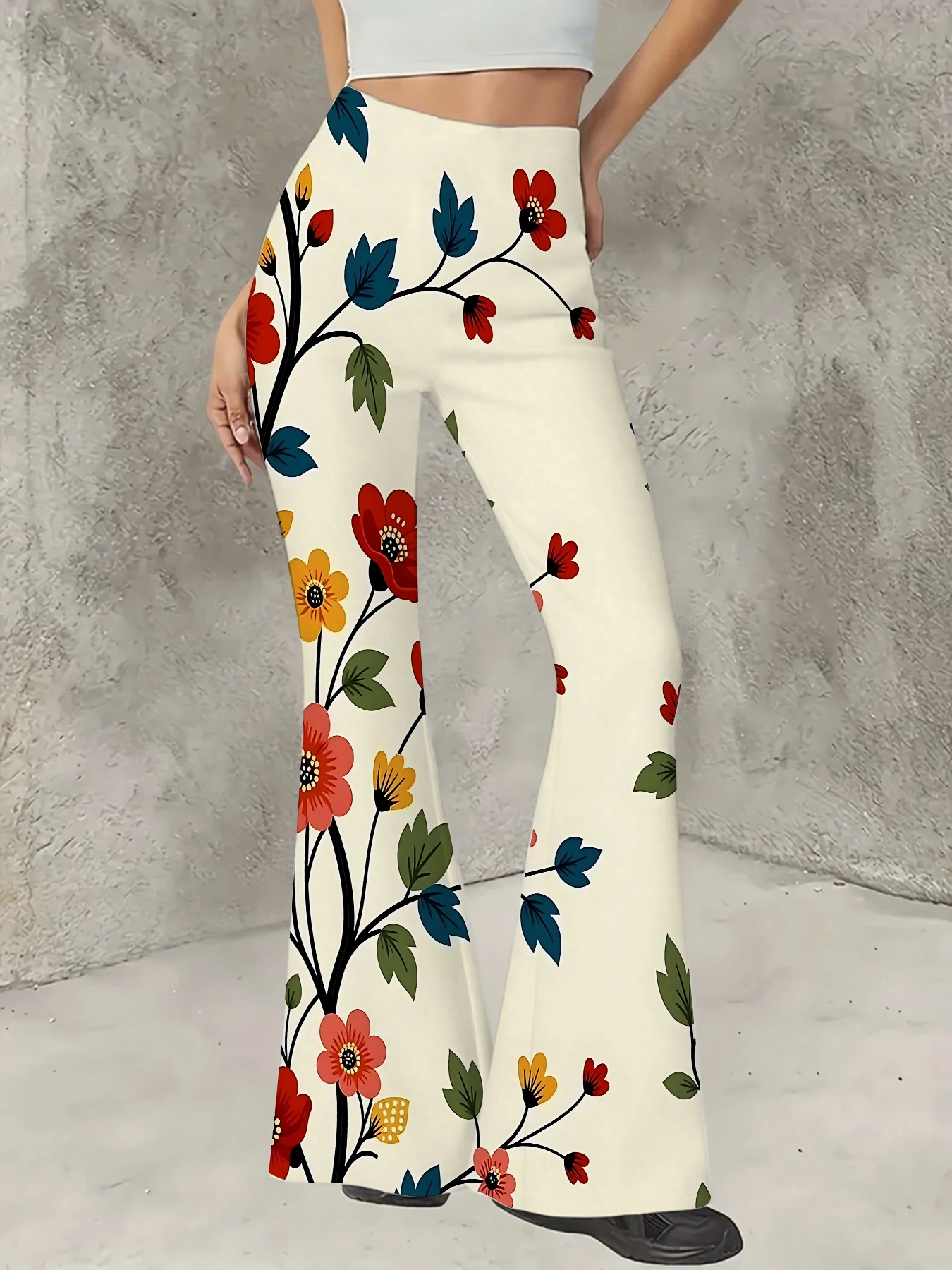 

Y2K Graphic Print Flare Pants Women High Waist Knit Bell Bottom Trousers
