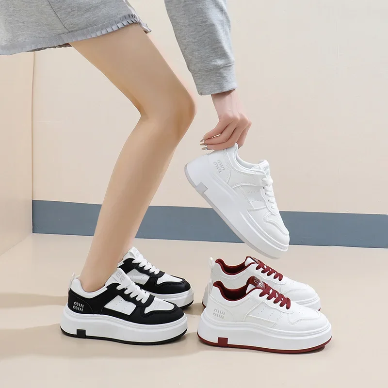 Zapatillas de deporte informales de cuero con empalme de suela gruesa para mujer, zapatos con suela de goma y suela gruesa para niña, zapatos de mujer