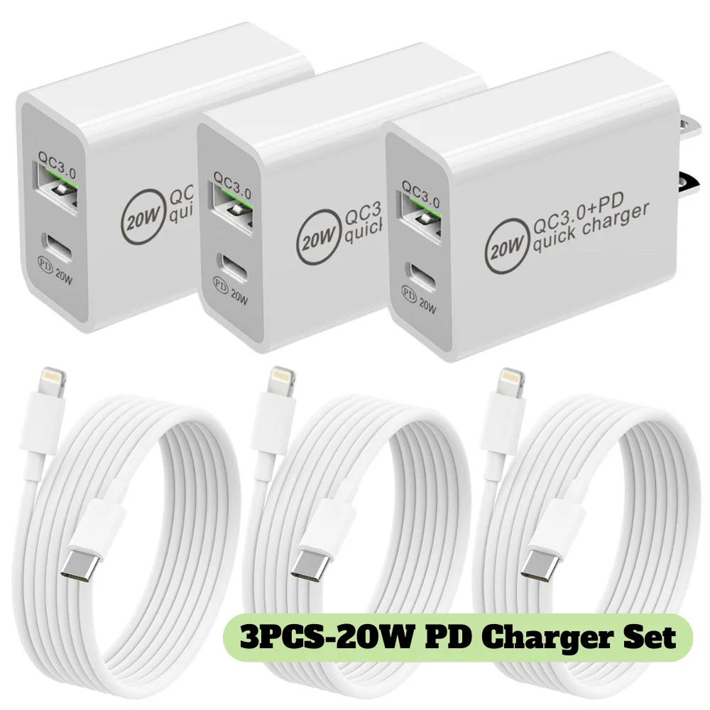 3pcs MFi Certified FOR IPhone QC3.0+PD Charger Set - Super Fast Wall Charger With 4FT USB-C Cable - Rapid Charging