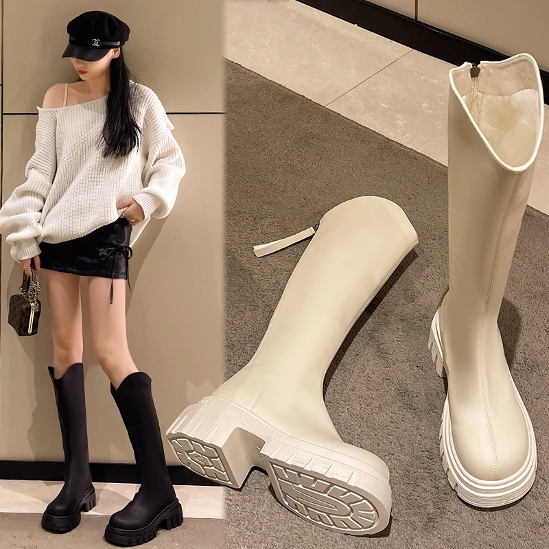 

2025 New Women's Autumn Winter Thick Bottom Long Boots Fleece Lined Knee High Riding Boots Round Toe Shoes for Women