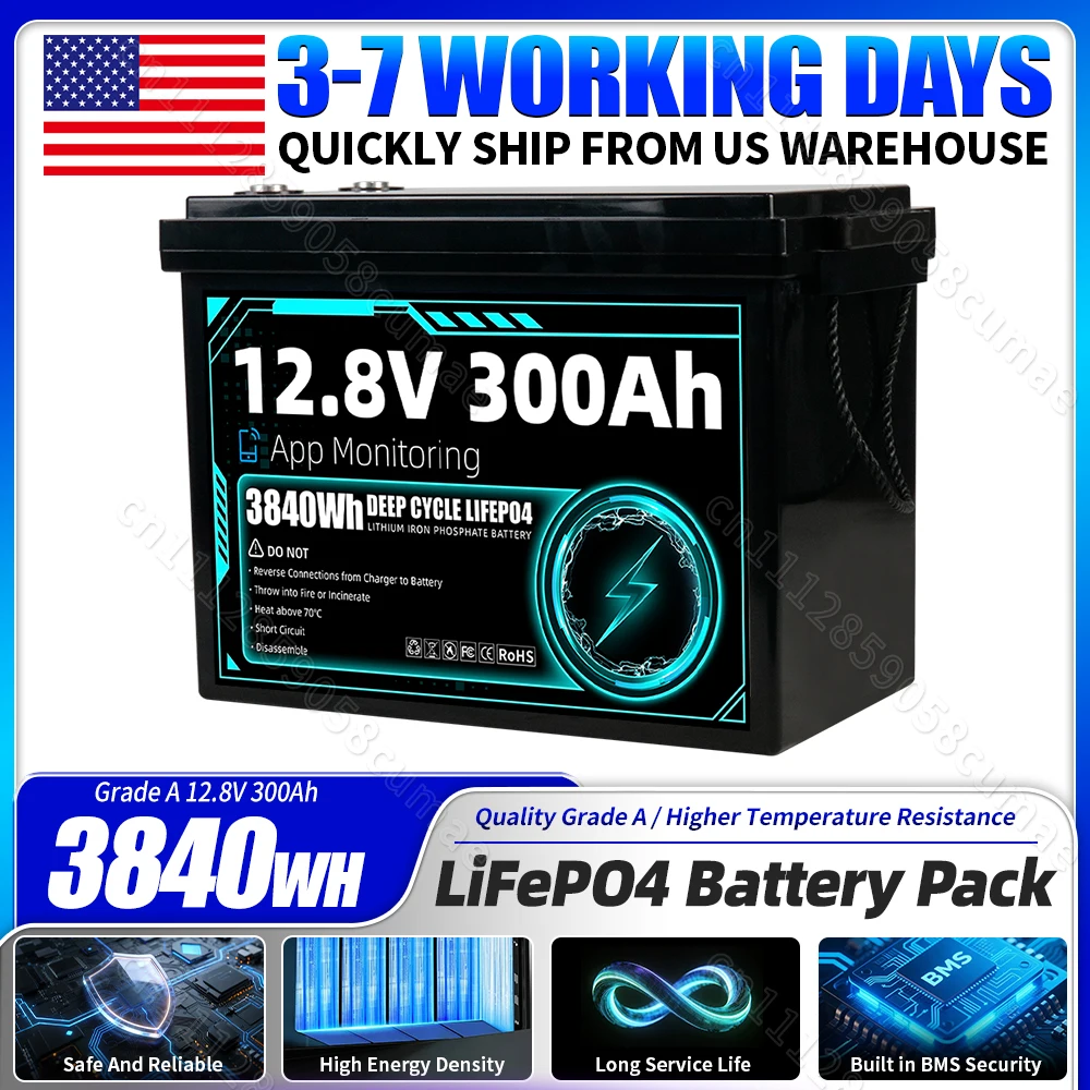 12.8V 300Ah Lifepo4 Battery 3840Wh DIY 12V 24V 48V 8000+ Cycles Rechargeable Ithium Iron Phosphate Cell Pack Built-in 4S 200A BMS IP65 Protection Safety and Environmental Protection LFP Batteries For Outdoor Camping Home EV RV Energy Storage Trolling