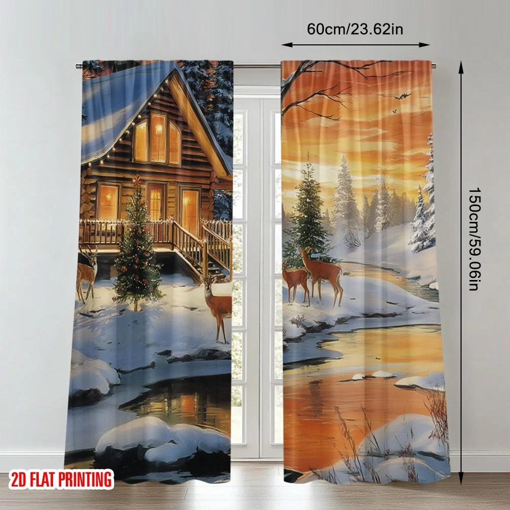 2 قطعة 2D الطباعة المسطحة ستائر عيد الميلاد المألوف مريحة المقصورة الغزلان عيد الميلاد المشهد الرقمية المطبوعة البوليستر الستائر عطلة #2