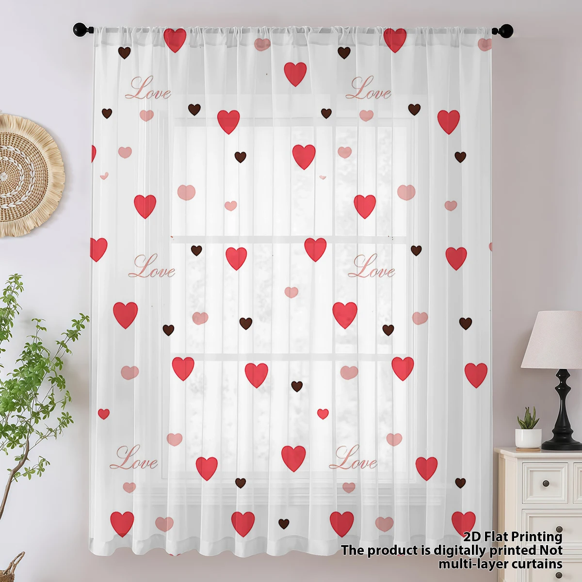 1 unidad de cortina transparente suave con forma de corazón, cortina montada en poste de corazón de amor multicolor, cortina transparente decorativa de ambiente dulce ligero