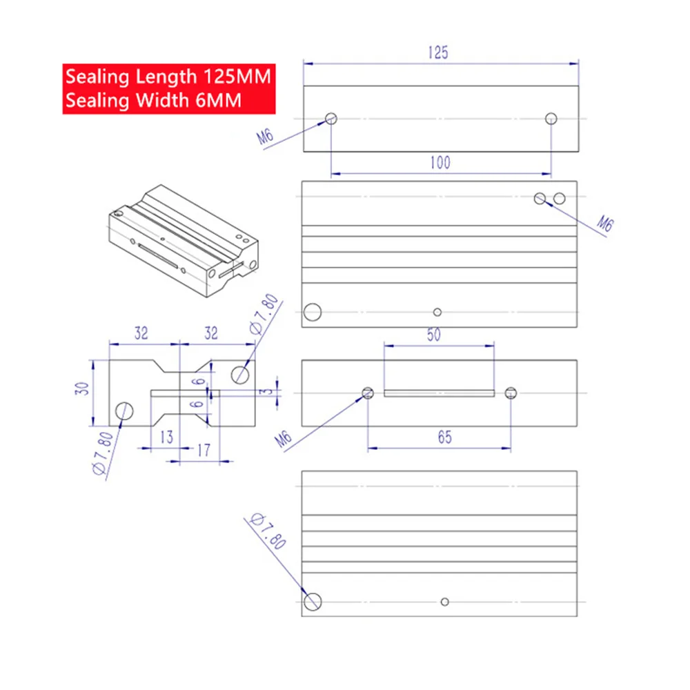 BateRpak Máquina de embalagem de saco triangular de 125 mm, vedação horizontal, bloco de aço térmico, módulo de mandíbula de vedação lateral, braçadeira de listra