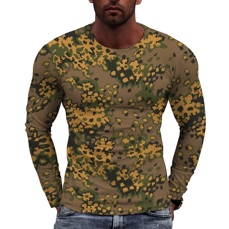 New Camouflage Printed European Size long Sleeved T-shirt For Men\'s Casual Autumn Trend Top Round Neck Tees