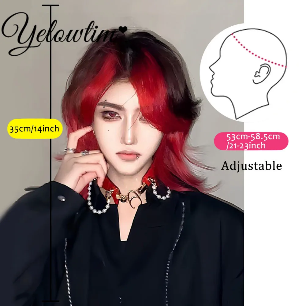 YELOWTIM Synthetic wig cos fake hair anime head cool and handsome short hair split bangs black and red curly hair