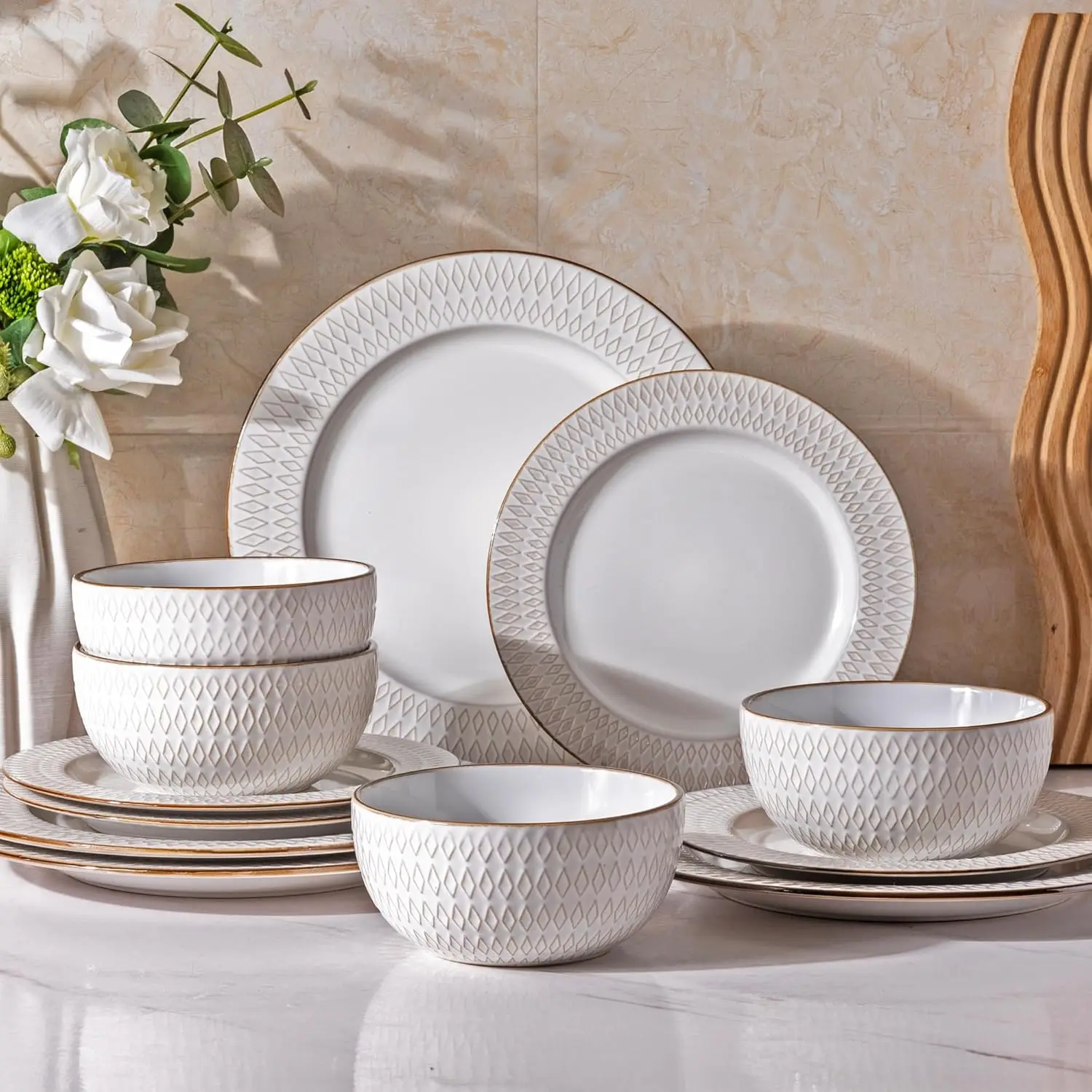 

Ceramic Dinnerware Sets,12 pcs Embossed Elegant Stoneware Plates and Bowls Sets, Housewarming Wedding Gift | Dishwasher & Microw