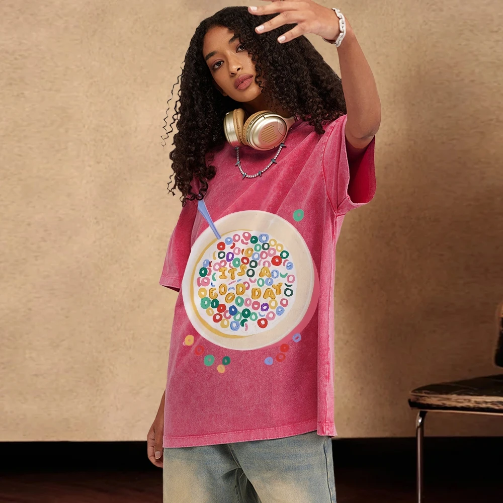 トレンディなヴィンテージユニセックスグラフィック Tシャツシリアルボウル Tシャツプレミアムコットン高品質オーバーサイズウォッシュ Tシャツカラフルな Y2K スタイル