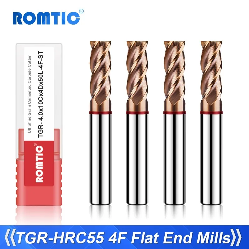 ROMTIC TGR-HRC55 Tungsten Steel Carbide 4-Flute Nano Coating Flat End Mill Tools For CNC Mechanical Center Milling Cutter