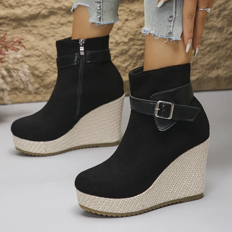 Fashion Wedge Ankle Boots Women High Heel Platform Booties Microfiber Round Toe Buckle Strap Office Lady New Autumn Winter Shoes