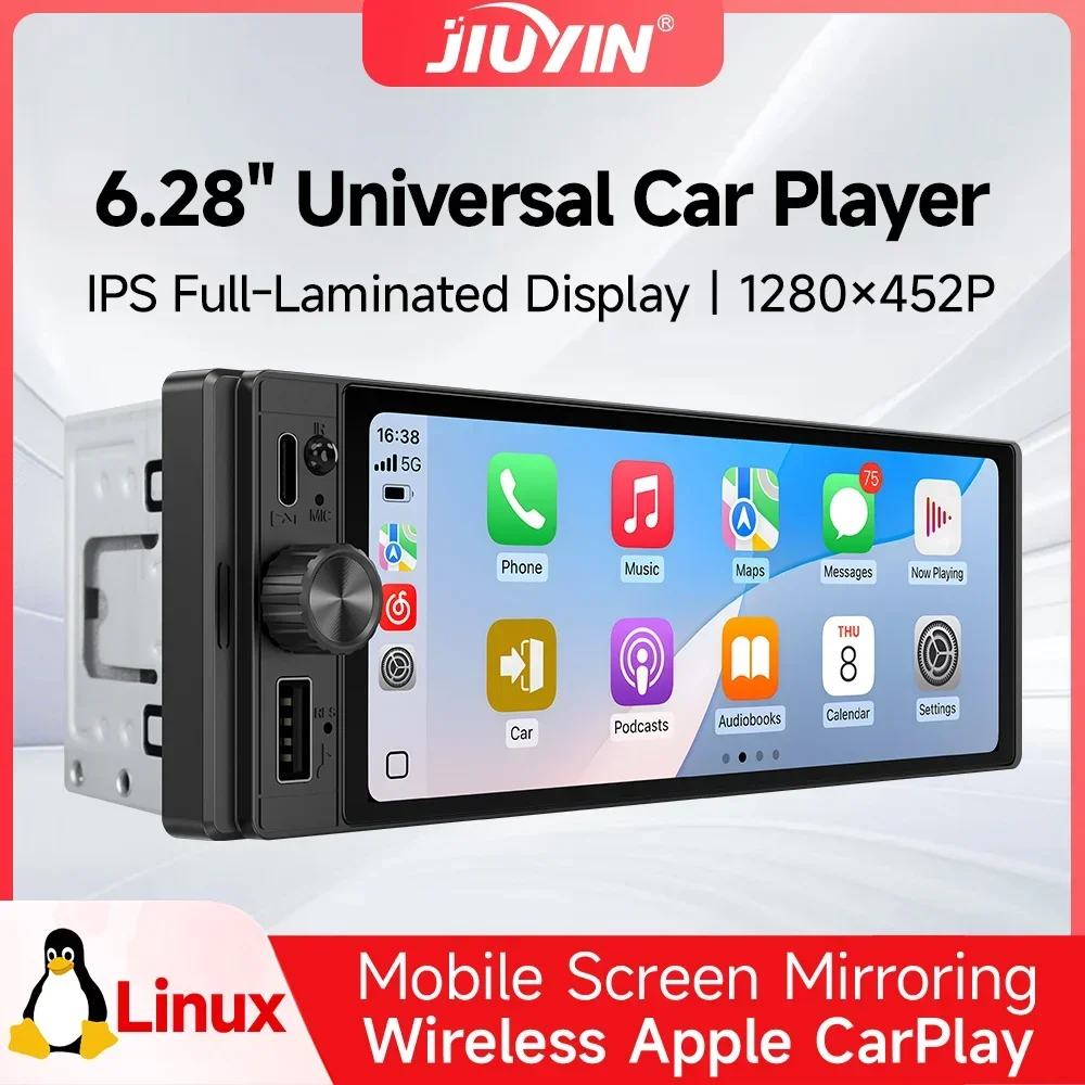 1Din Wireless CarPlay Android AUTO HD Touch Screen Universal 6.28 Inch Car Radio FM Stereo MP5 Multimedia Player BT TF Aux Camer