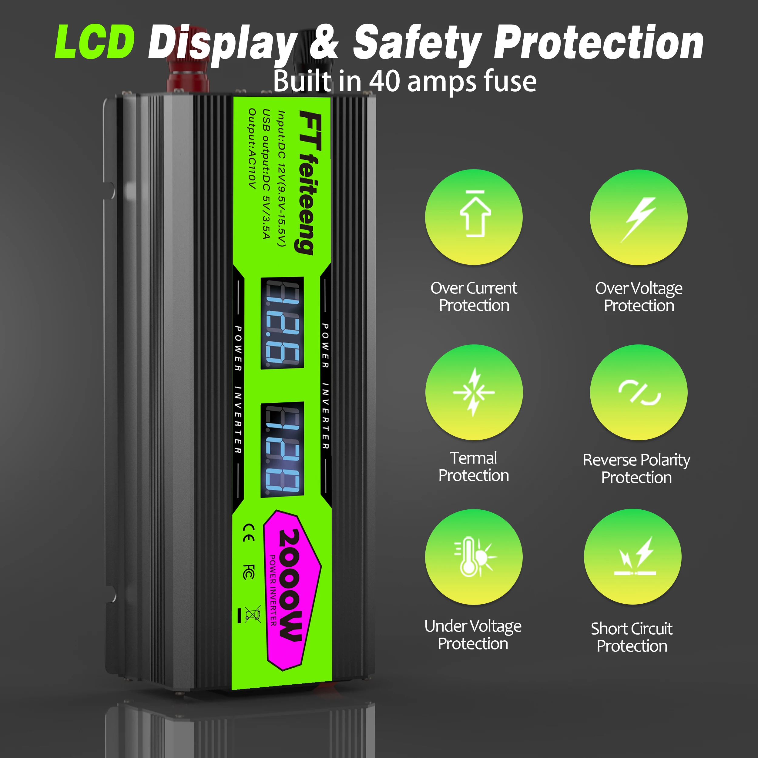 2000W/1000W/500W Power Inverter 12V to 110V with Dual AC Outlets Fast USB for RV Solar Off Grid Camping Emergency