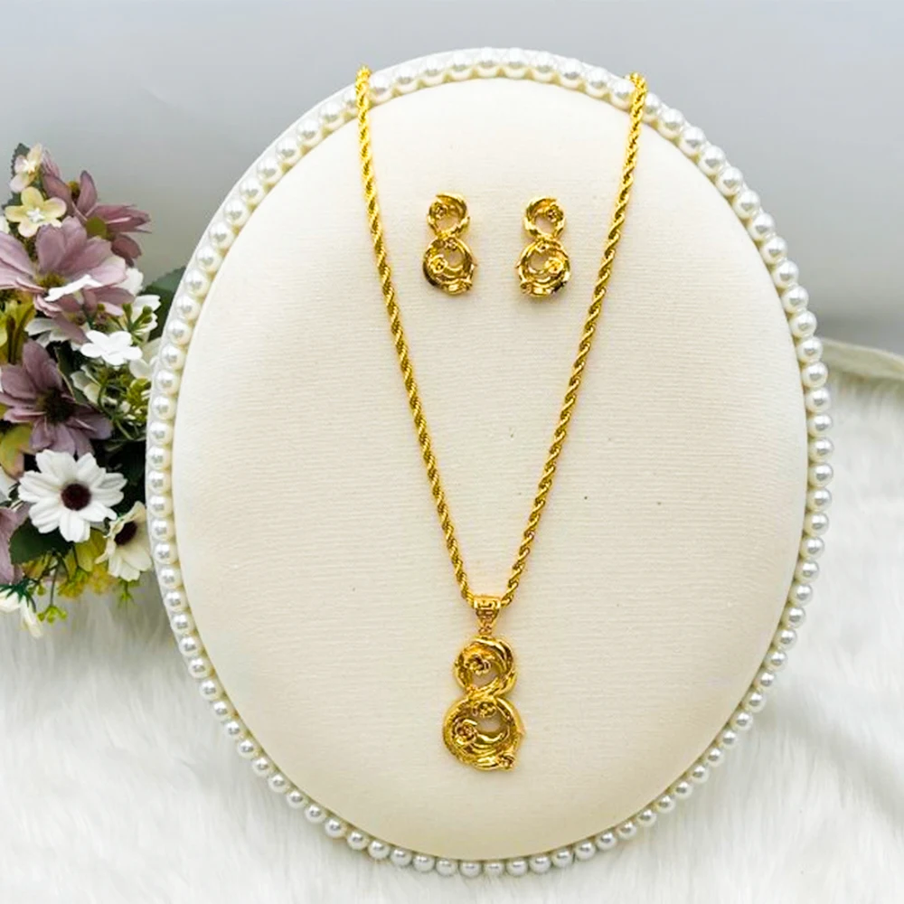 

Copper Alloy Jewelry Set Gold Plated 8 Shape Earrings Pendant Chain Luxury Women Girl New Jewelry Gift For Party Wedding