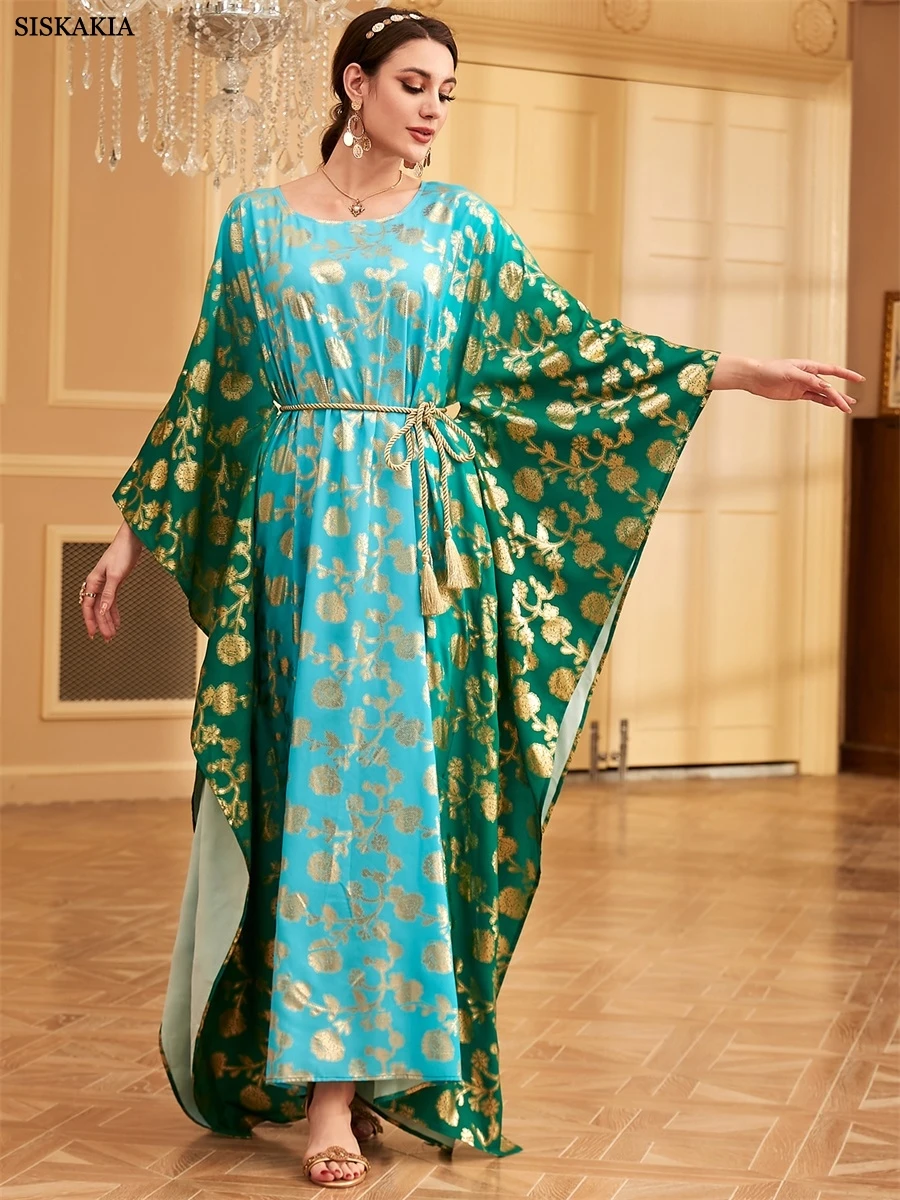 Siskakia Elegant Casual Saudi African Women Homewear Dresses Printing Gold Stamping Belted Batwing Sleeve Abayas Turkish Kaftan