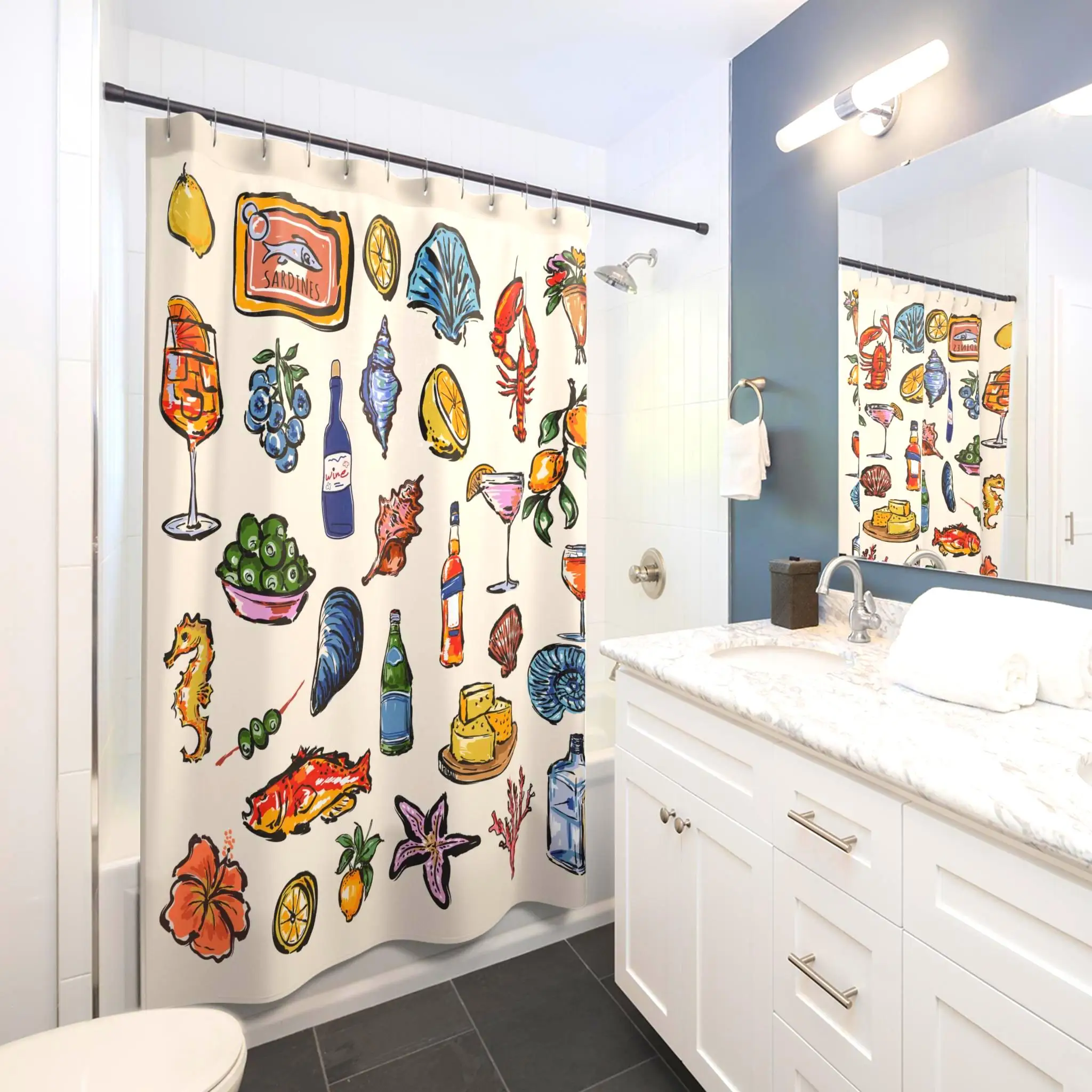 Fun Tropical Beach Seafood Drinks Shower Curtain Nautical Coastal Bathroom Decor Vibrant Ocean Life Print