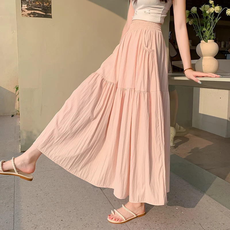 Pocket Summer Skirts Elastic Waist A-Line Tall Women Clothing High Waist Big Hem Skirt with Liner Casual Elegant Long Skirt Saia