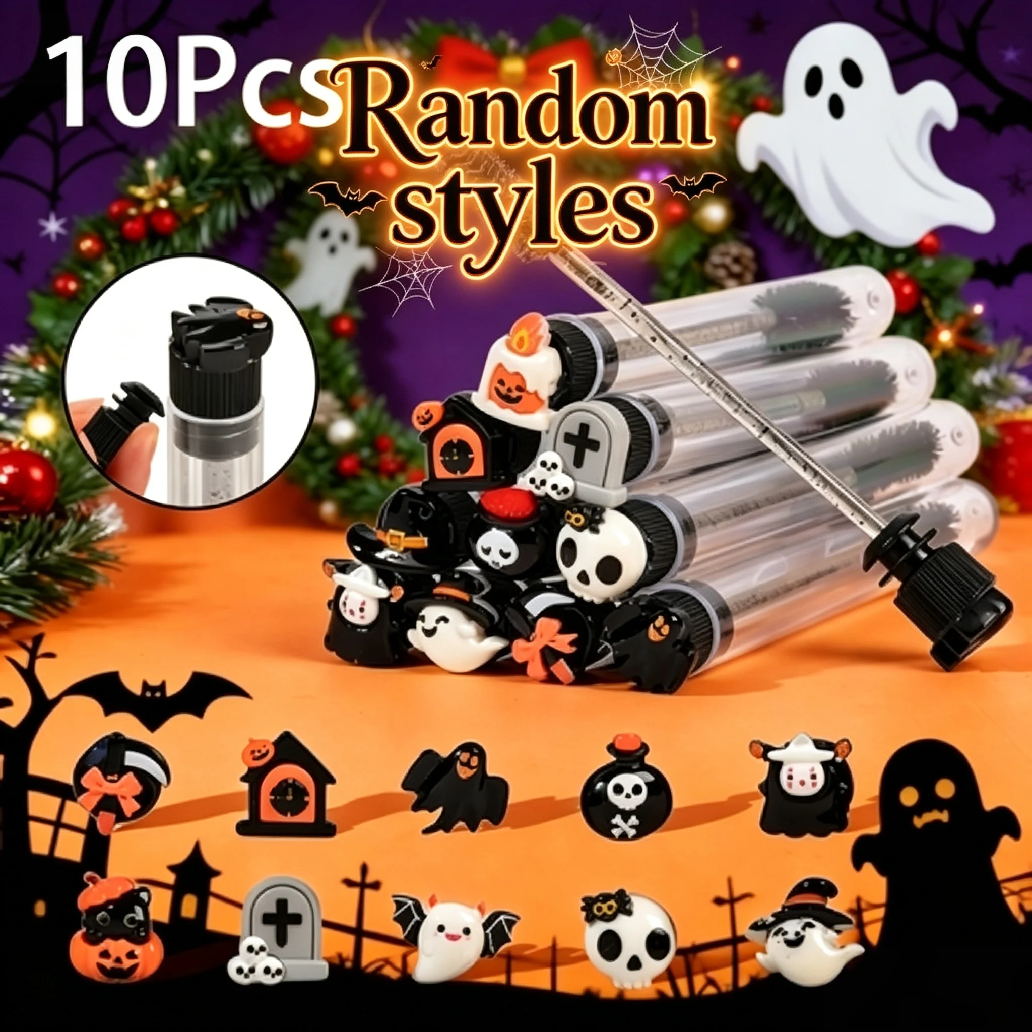 10pcs Halloween Mascara Wands with Tube Spooky Horror Eyelash Extension Spoolies Eyebrow Brushes Makeup Grooming Kit Party Gifts