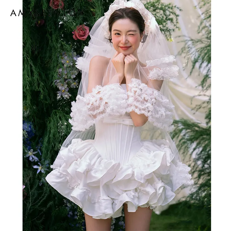 

Summer New Birthday Banquet Daily Women's Pink White Bow Off-the-shoulder Slim Short Tube Top Princess Dress Safety Shorts Set