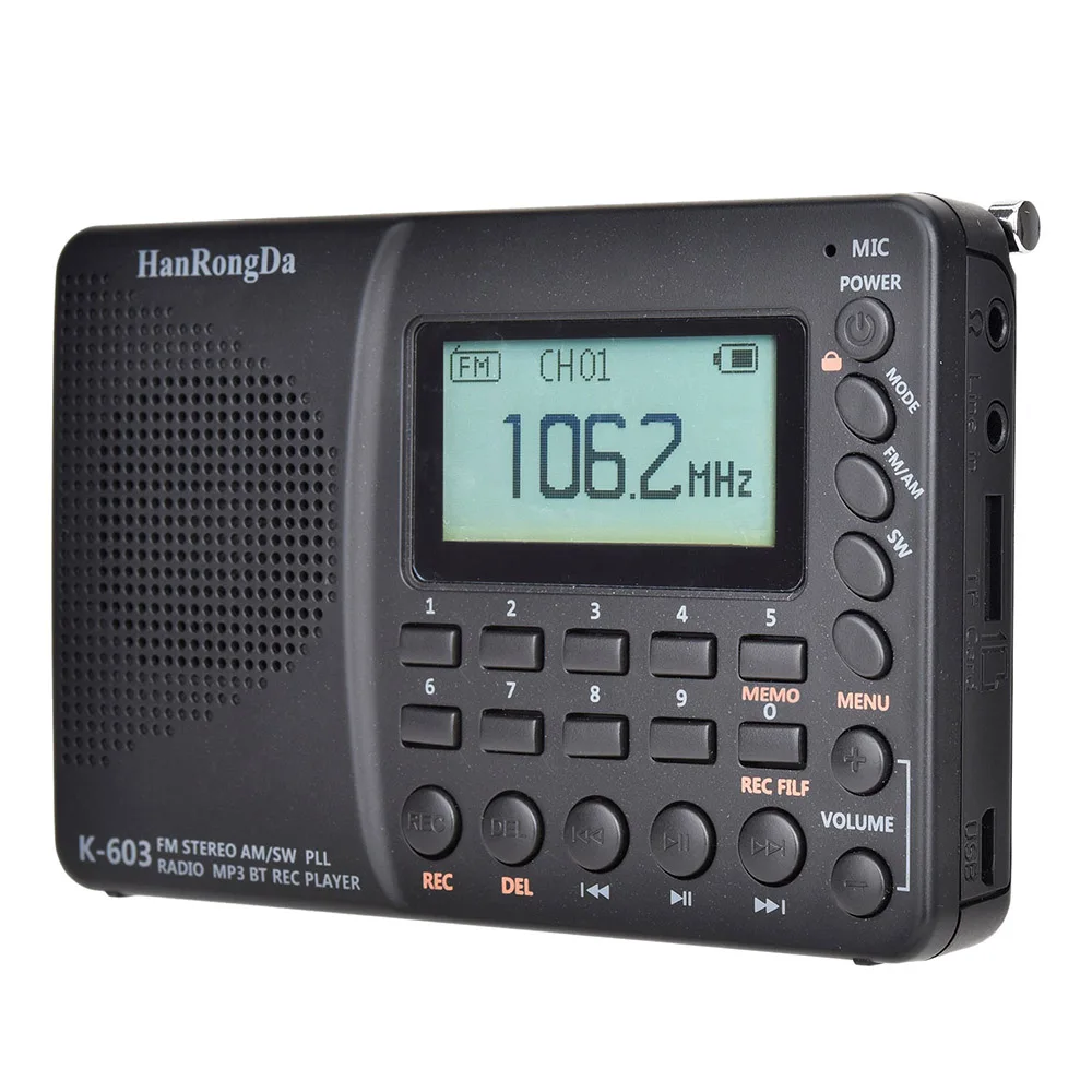 Registratore Digitale HRD 603 Radio Portatile USB con Display Digitale Ricaricabile Lettore Musicale Radio Stereo AM FM SW Banda Completa