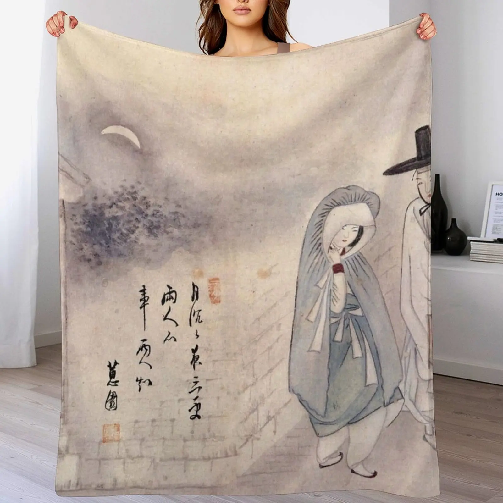 

Korean Painting \bMinhwa Two Lovers under Moonlight Throw Blanket Bed covers Weighted Camping Comforter Blankets