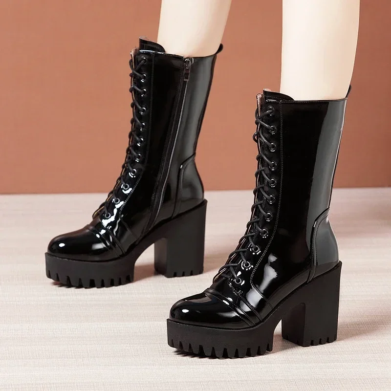 10cm Small Size 32-43 Fall Winter Genuine Leather Boots Platform Shoes 2024 Womens Block High Heels Mid Leg Boots Office Model