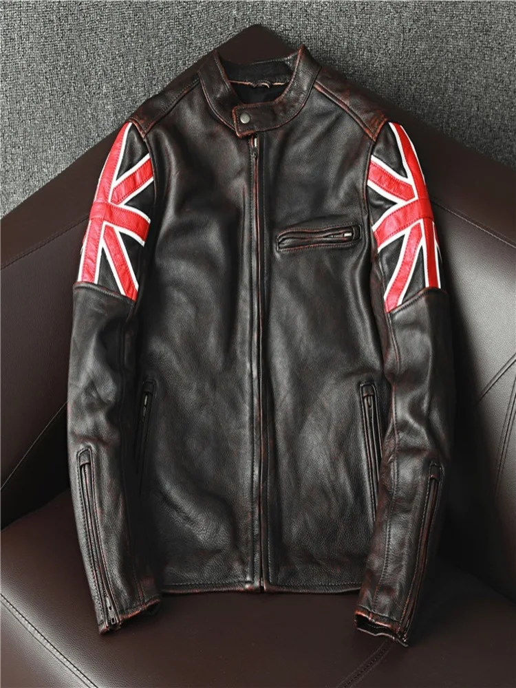 

YR!Free shipping.2024 brand new vintage brown motor rider cowhide coat.quality cool slim biker leather clothes.sales