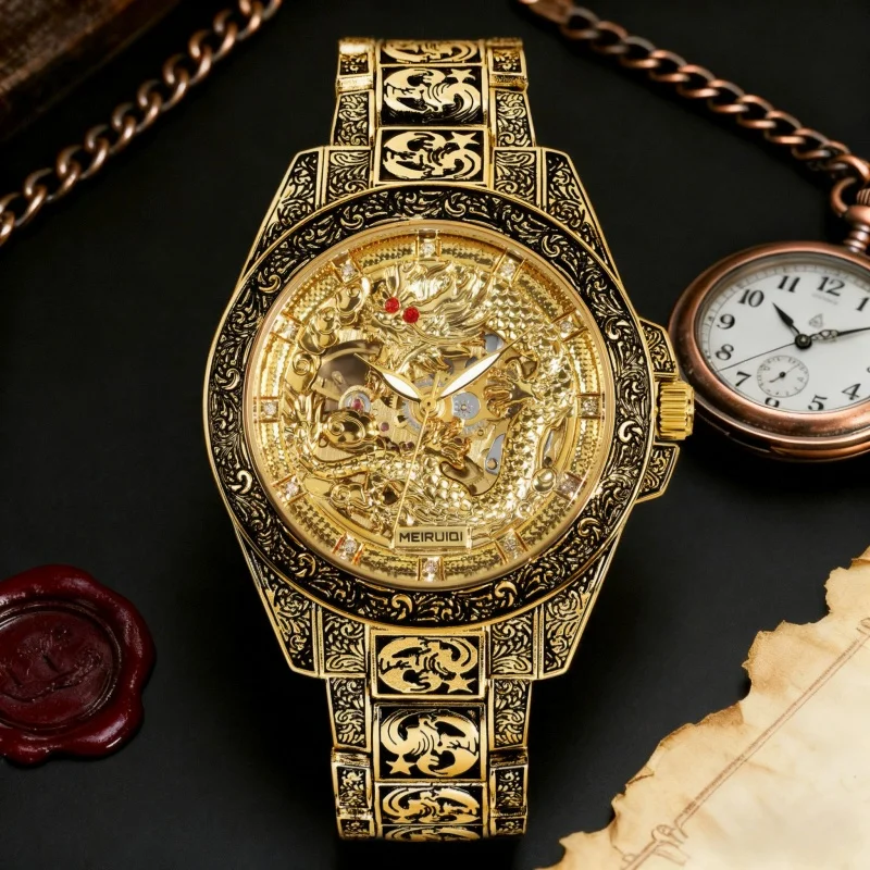 A men's yellow retro style high-end carved yellow dragon fully automatic mechanical watch - Image 4