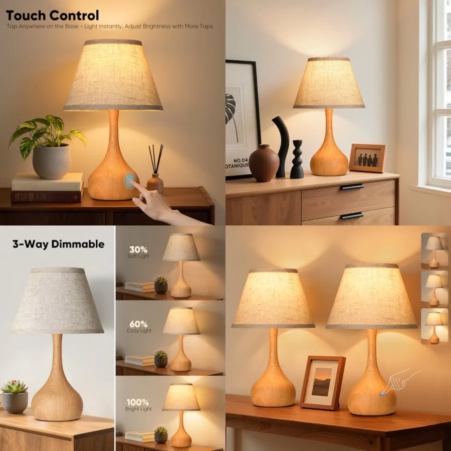 

17" Touch Table Lamp for Bedroom Set of 2, 3-Way Dimmable Bedside Lamp for Nightstand, Rustic Metal Desk Lamp with Linen Shade