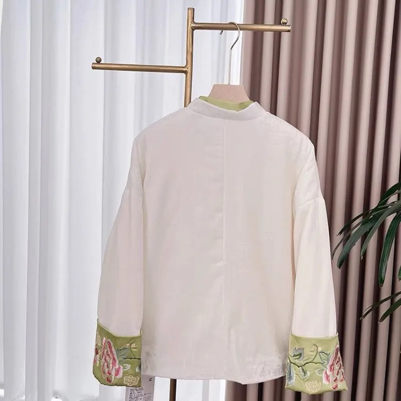 Women's Autumn Winter Tops Coat Tang Suit Cotton Coat Embroidery Flower Personalized Slim Leisure Simple Soft Comfortable Niche