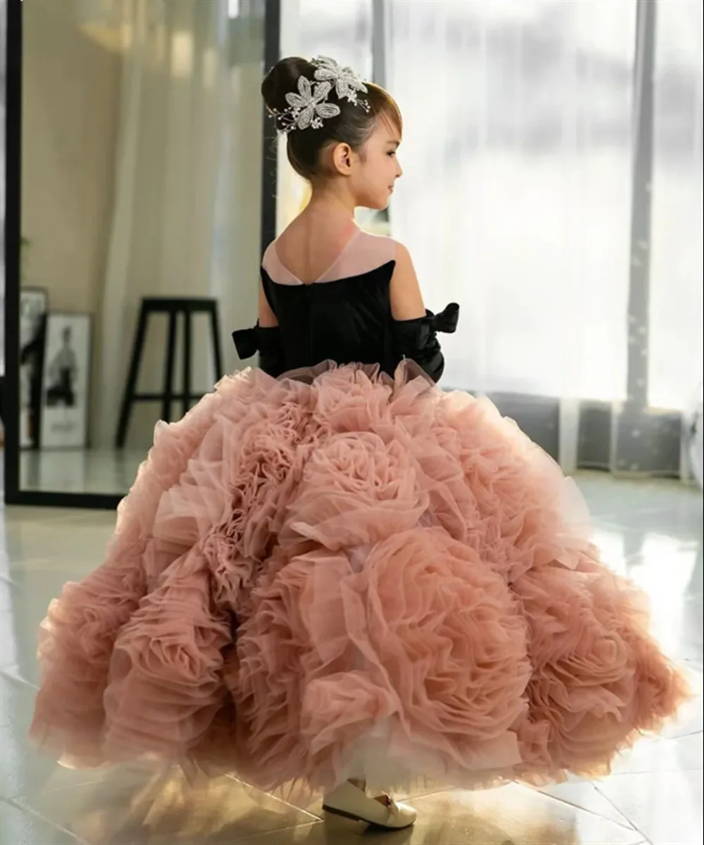 Abito da sposa per ragazza di fiore in velluto di lusso senza maniche fiori principessa abito da festa di compleanno abito da ballo per prima comunione personalizzato