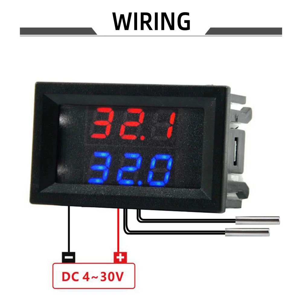 DC 4-28V LED Display Digital Temperature Sensor Thermometer Red Blue Dual Digital Temperature Tester With NTC Dual Probe Cable