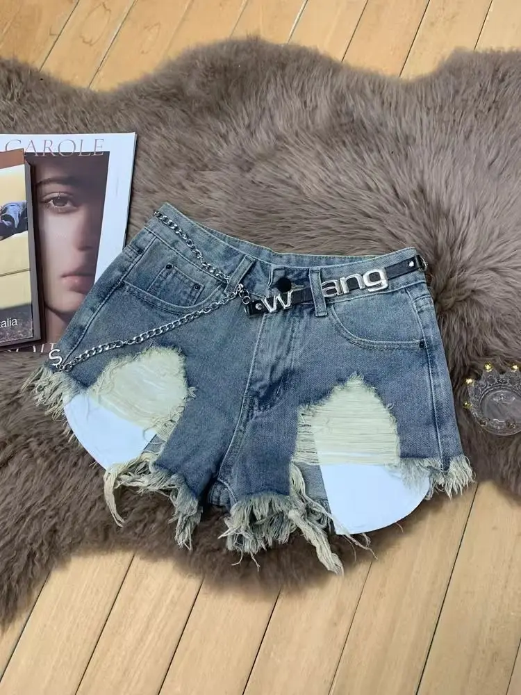 Spice Girl Denim Shorts Women Summer High Waist Retro Irregular Holes Fringed Hot Pants view 5