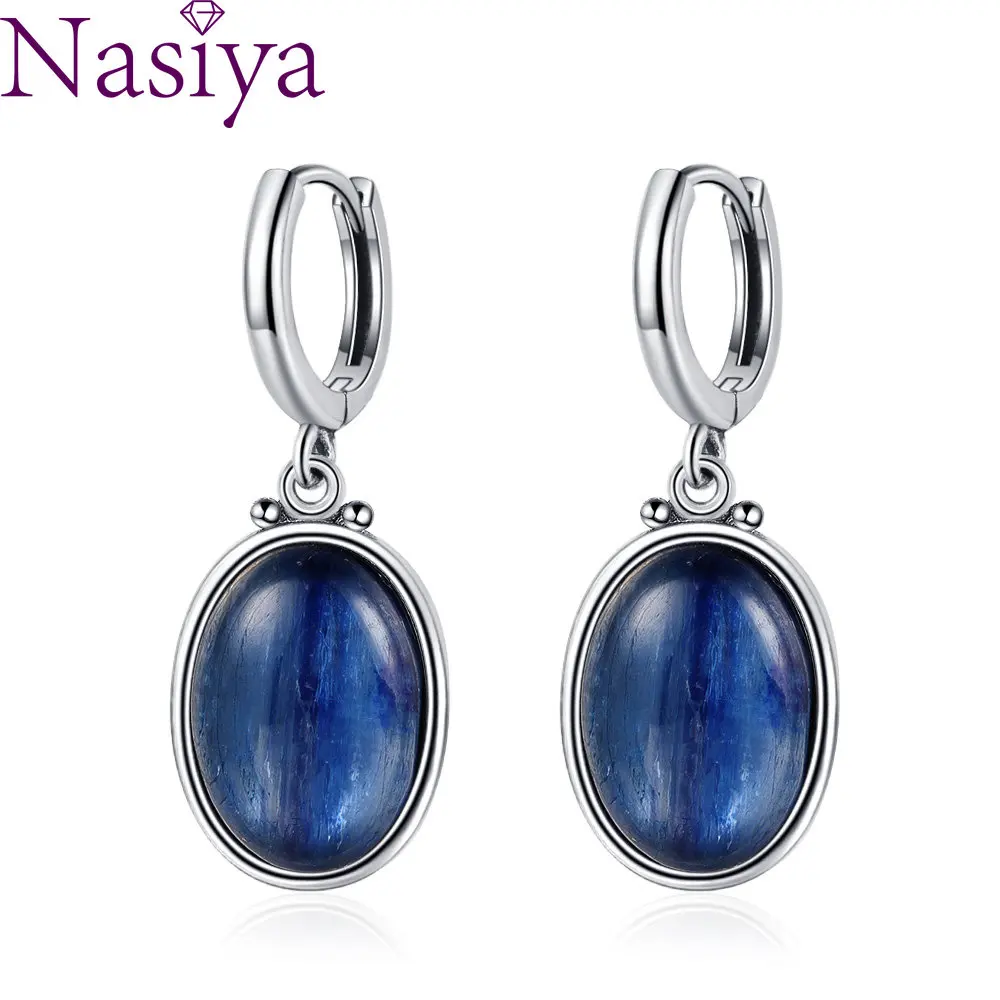 Simple Style Large Oval Natural Kyanite 925 Sterling Silver Hoop Earrings Gems Elegant Pendant Luxury Jewelry Anniversary Gift