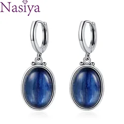 Simple Style Large Oval Natural Kyanite S925 Silver Hoop Earrings Gems Elegant Pendant Luxury Jewelry Anniversary Gift
