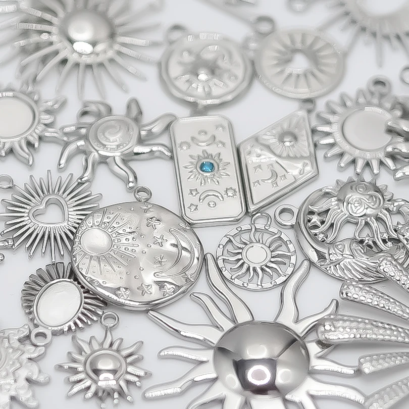 6pcs Silver Sun Charm Stainless Steel Jewelry Making