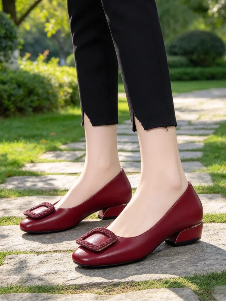Women's Soft Leather Square Toe Slip-on Low Heel Pumps, Metal Square Buckle Shallow Cut Versatile Office Commuter Shoes - view 4
