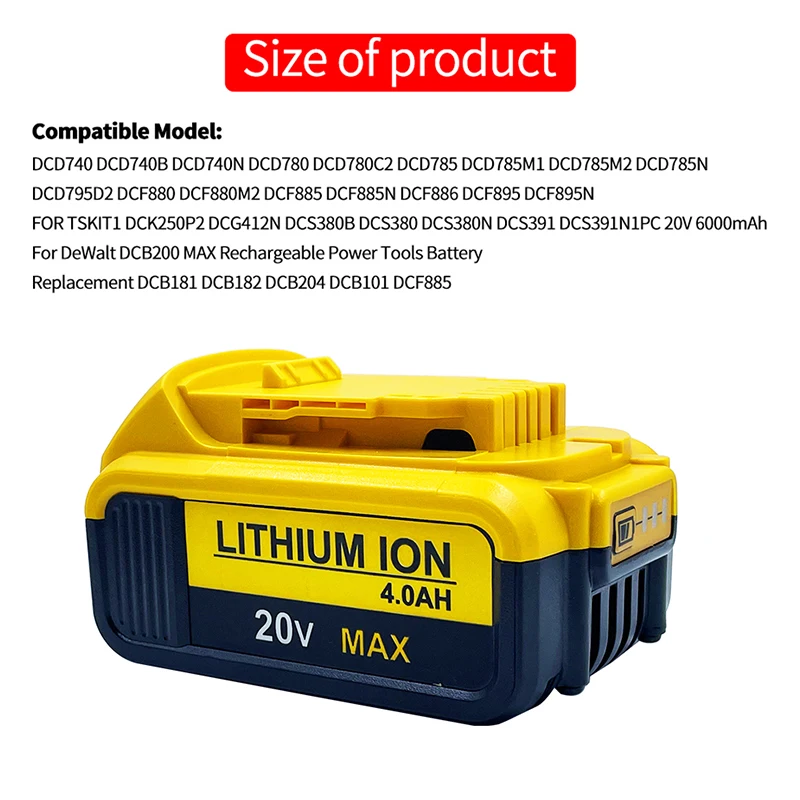 Tool battery 20V 4.0Ah 5.0Ah 6.0Ah Replaceable Lithium Batteries for Dewalt 20v MAX DCB200 DCB201 DCB203 Power Tools Spare Batte