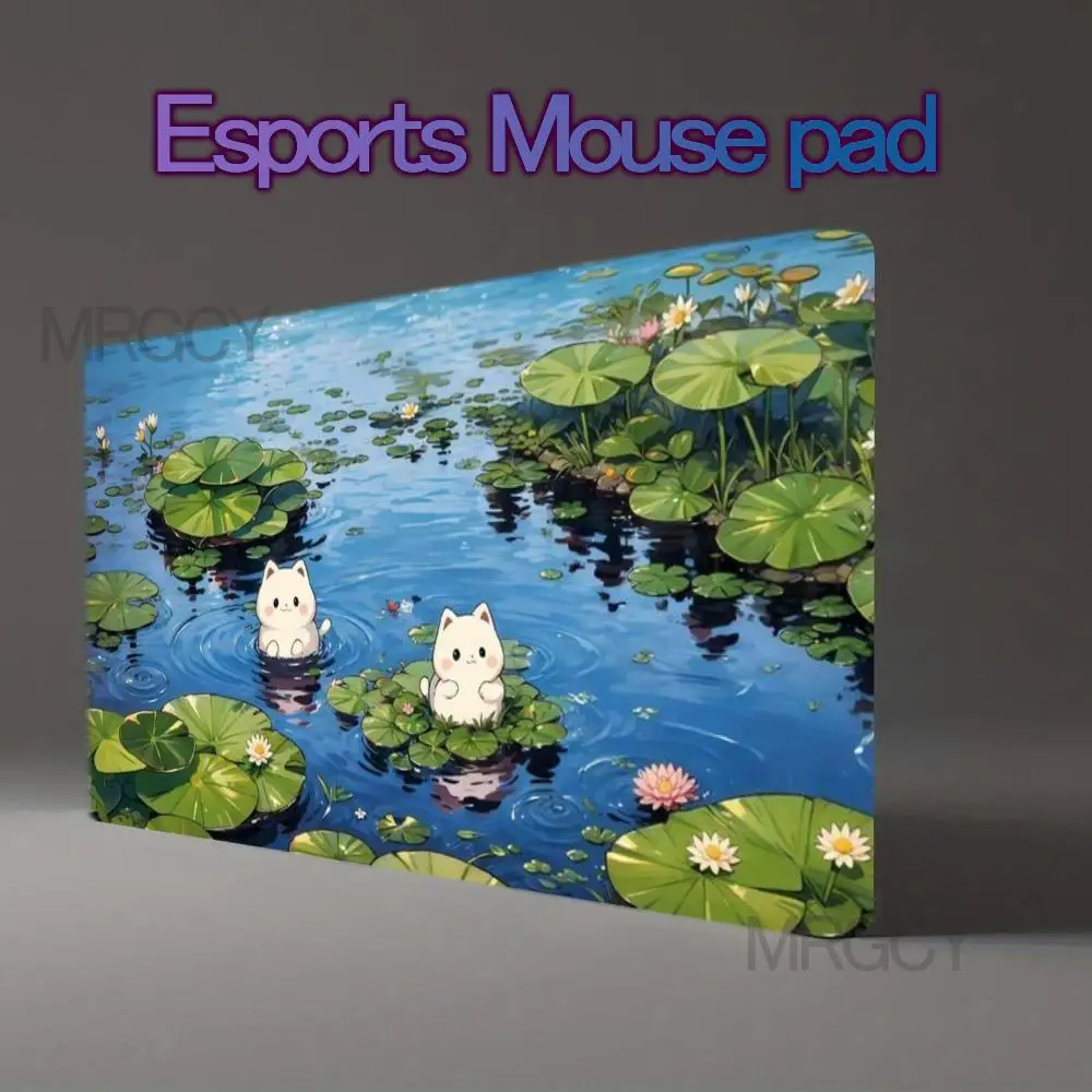 Peaceful Lotus Pond XXL Desk Mat Adorable Kawaii White Kittens Floating Among Green Lily Pads And Lotus Flowers Gentle Anime Art