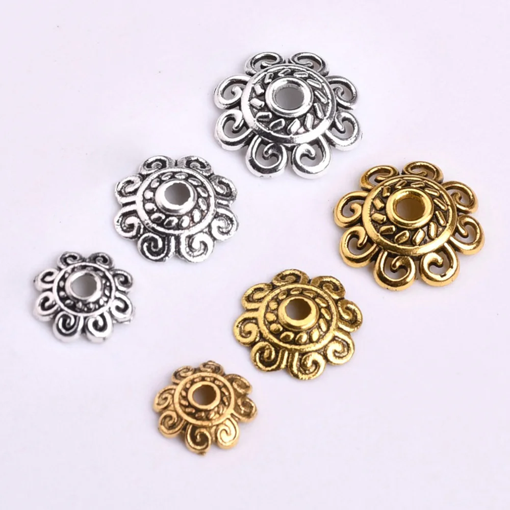 50pcs 8mm 10mm 12mm Flower Shape Antique Gold / Tibetan Silver Color Zinc Alloy Metal Loose Spacer Beads Caps For Jewelry Making