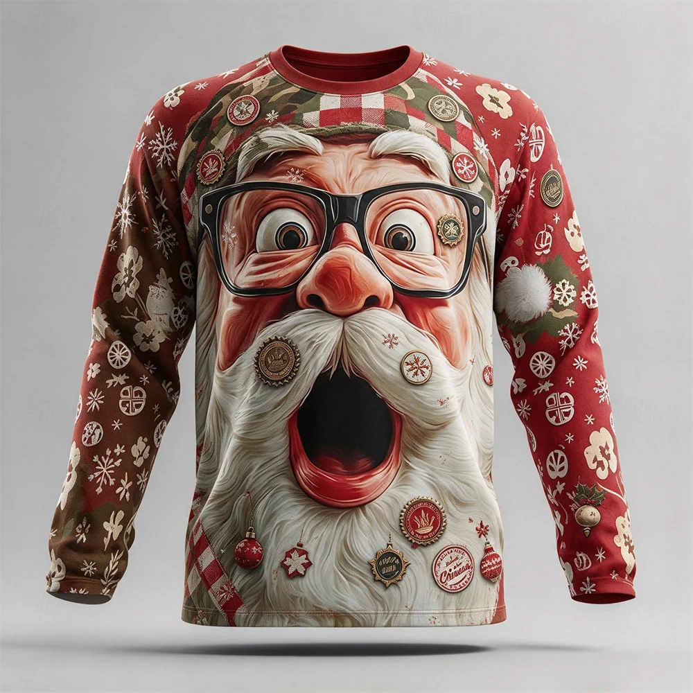 Ugly Xmas Tshirt Men Long Sleeve T-shirt Funny Santa Slogan Graphic Raglan Sleeve Cotton Tee Winter Christmas Party Gift For Men