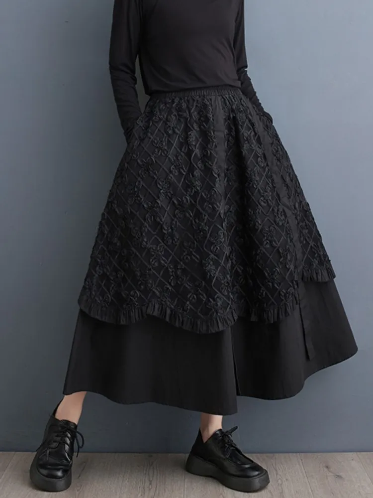 Oversized Spring Midi Skirts Women Embroidery Patchwork Korean Style Loose Ruffle Pleated Ladies Skirts High Waist Woman Skirts