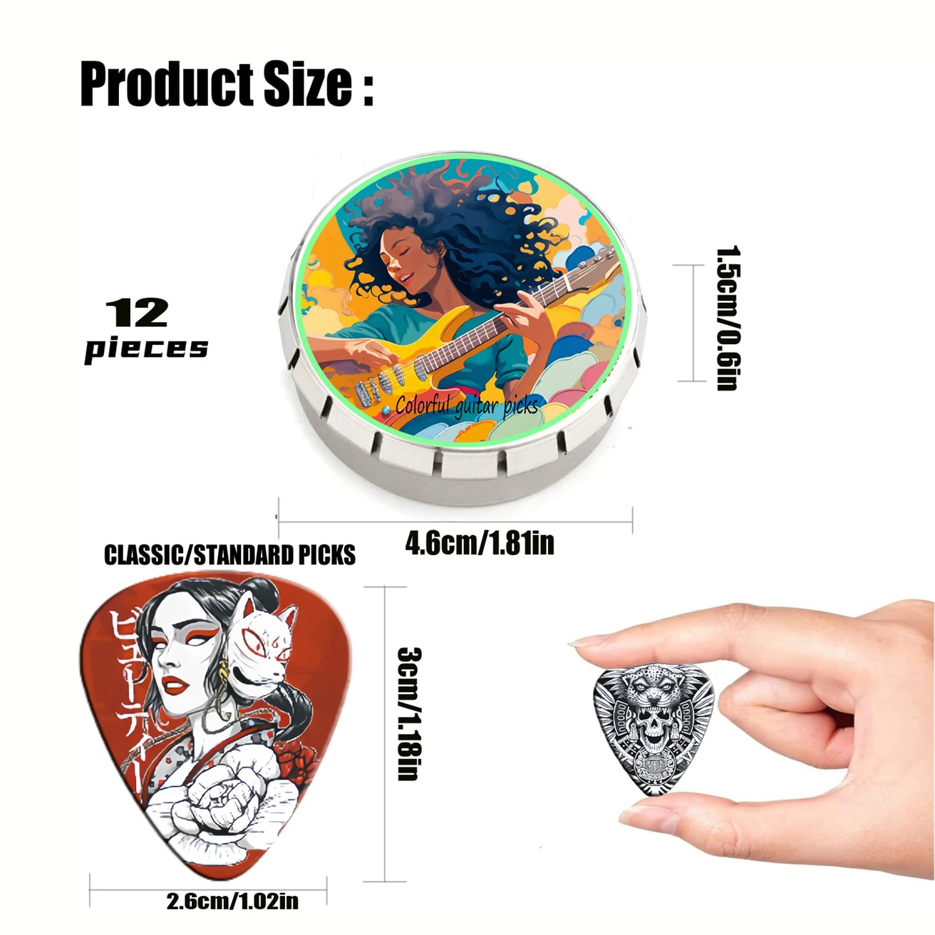 12-teiliges Einzigartiges Buntes Bedrucktes ABS-Gitarrenplektren-Set mit Metallbox, Langlebige Plektren für E-Gitarre & Bass, Zubehör-Geschenkset – Detail 5
