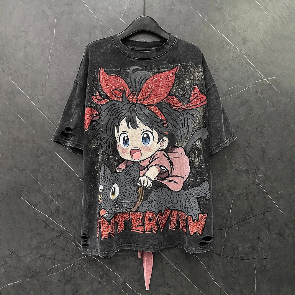 

Plus Size Tee Summer Spring New Fashion Design Women Thick Embroidery Sequined Girl Print Pink Big Bow Black T-Shirt