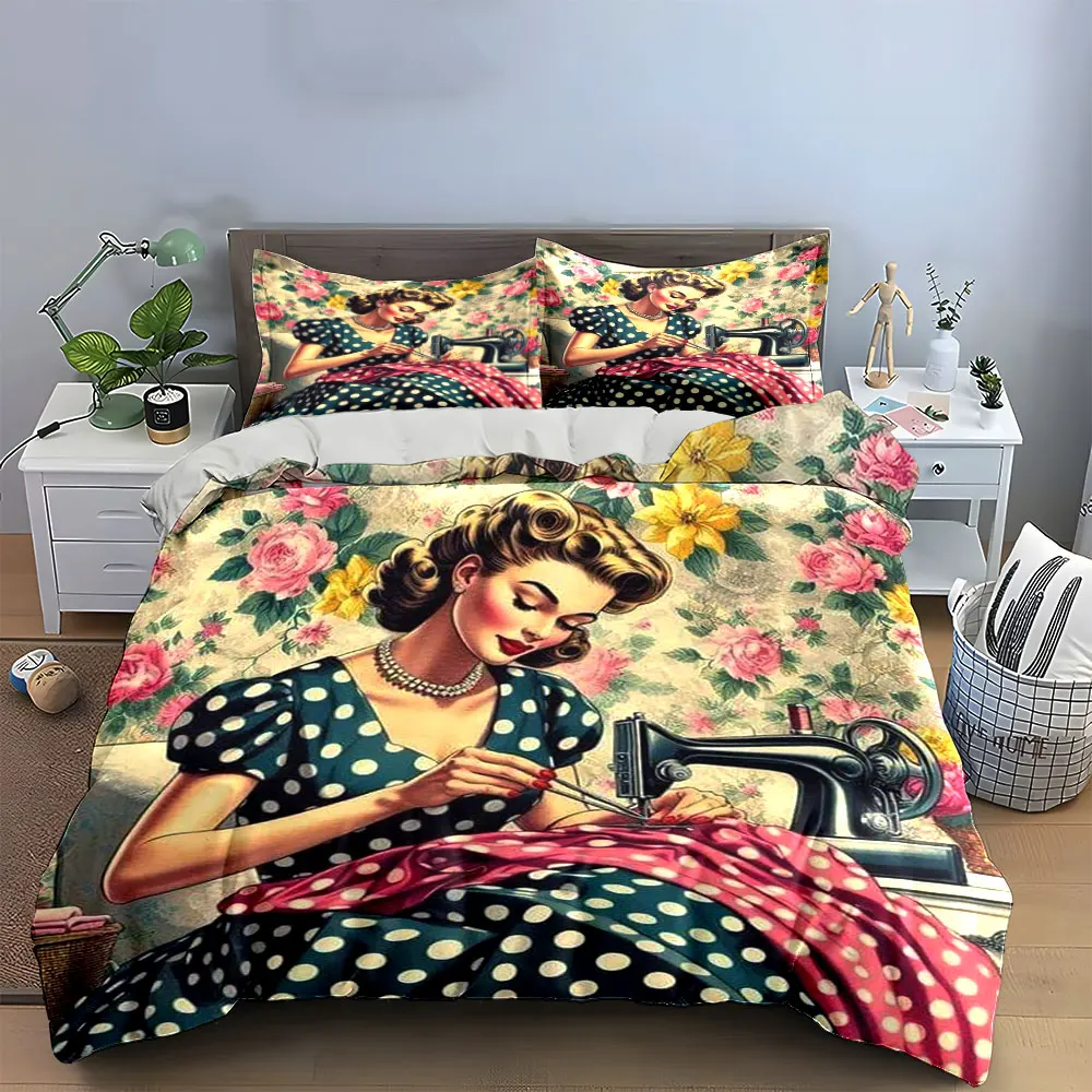 3Pcs Vintage Pin-up Seamstress Floral Duvet Cover Set,Retro Rose Country Bedding Includes 1 Duvet Cover And 2 Pillowcase,Gift
