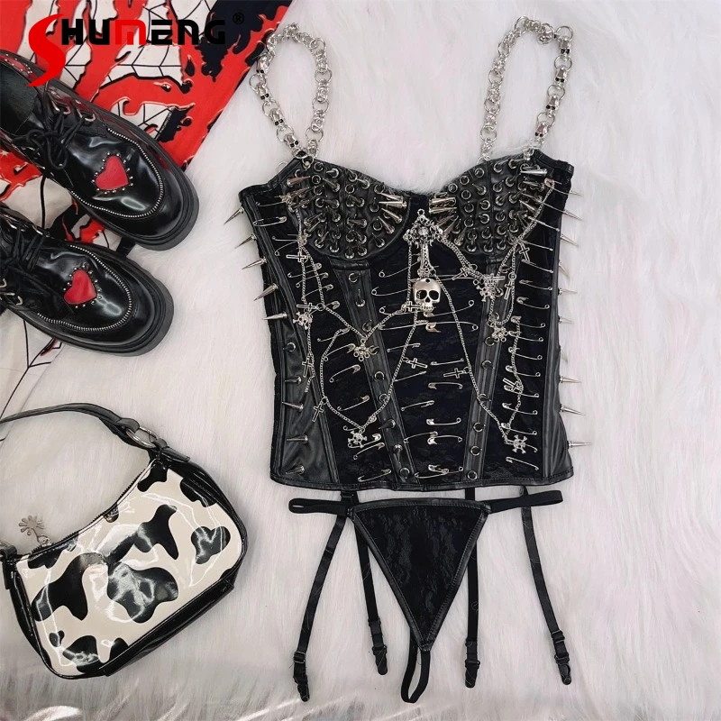 

American Retro Soft Girl Sexy Punk Gothic Rivet Skull Strap Top Subculture Camisoles Short Cool Sleeveless Slings Two Piece Set