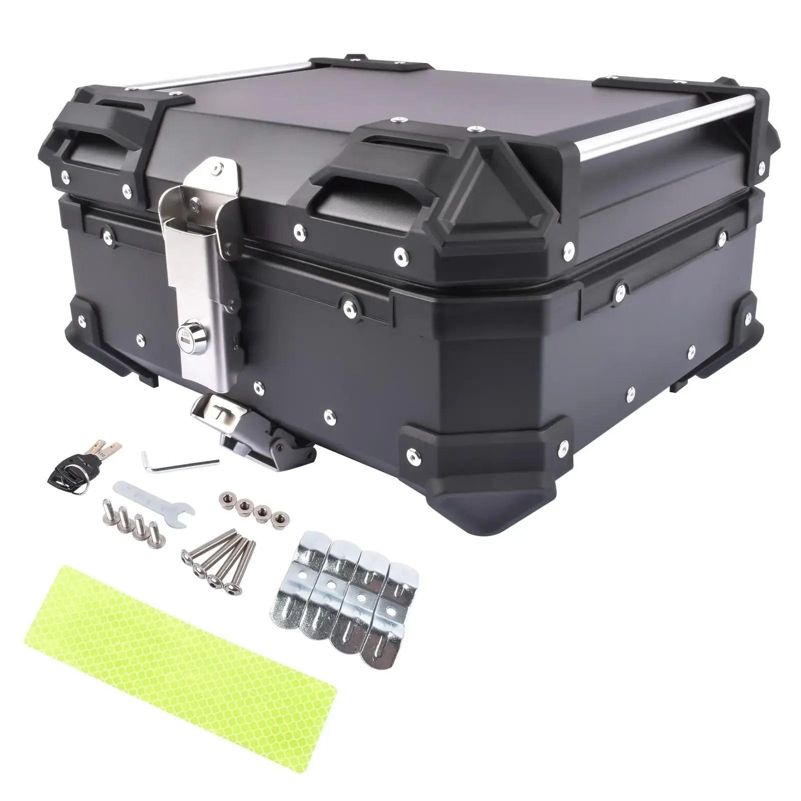 AP03 65L Aluminum Waterproof Motorcycle Top Case, Trunk Tail Box with Security Lock for Luggage (Black)