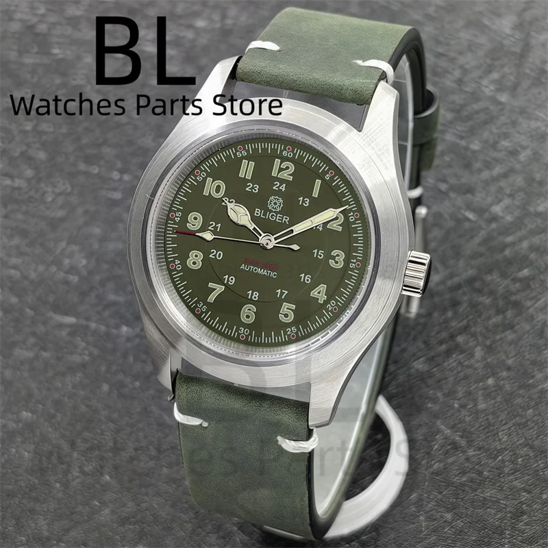 ساعة BLIGER باللون الأخضر الزيتوني للرجال 36mm39mm ساعة الطيار من الفولاذ المقاوم للصدأ NH35 زجاج الياقوت الأوتوماتيكي 10 ATM أخضر مضيء