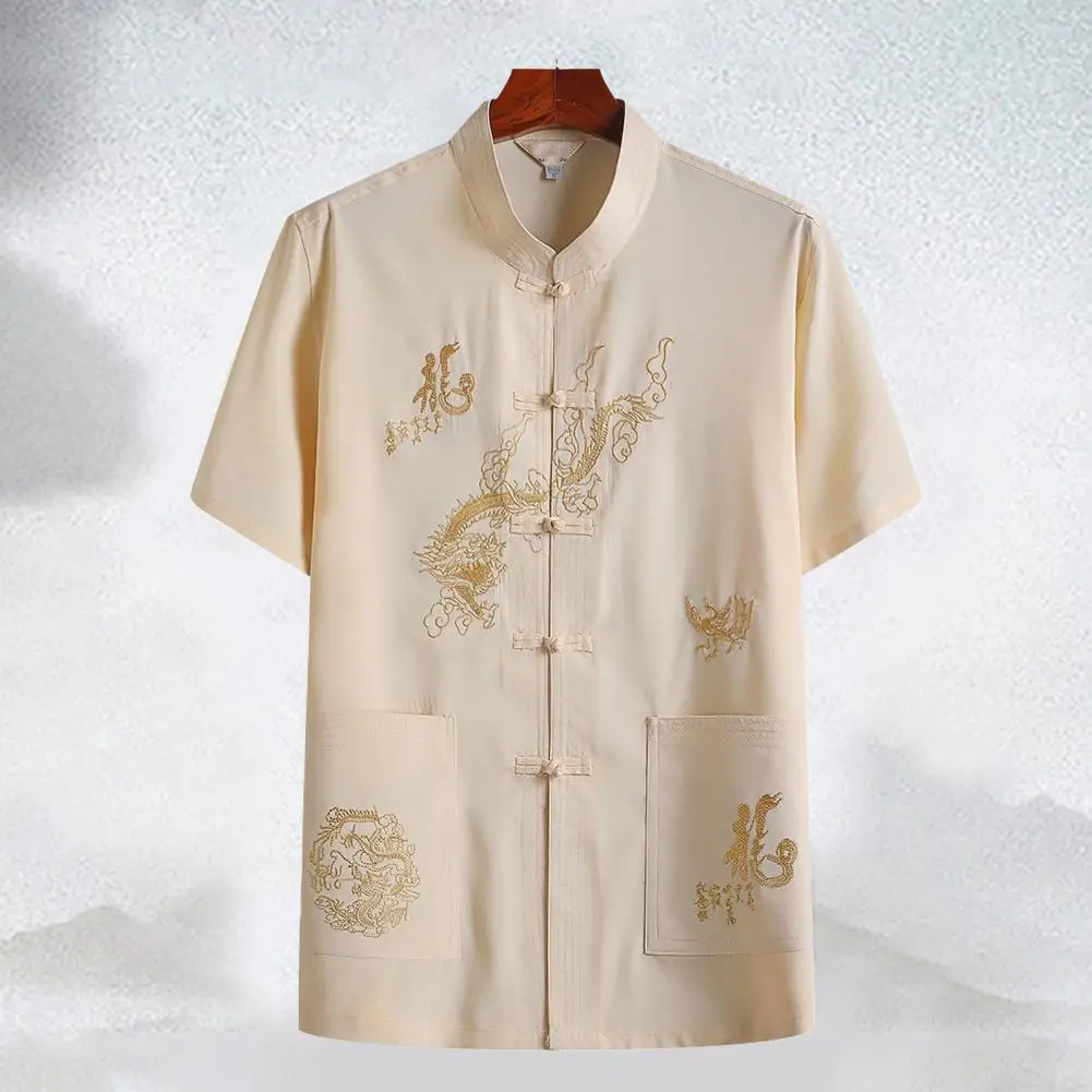 Chinese Dragon Kung Fu Shirt Embroidery Stand Collar Short Sleeve Casual Men Shirt Tai Chi Wing Chun Shirt Tangs Clothing Top