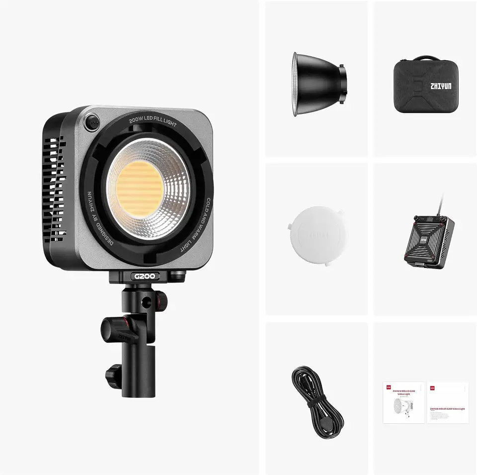 ZHIYUN Molus G200 200W COB ビデオライト、Bowens マウント付き