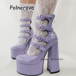 Décolleté con punta quadrata solida Piattaforma con fibbia in pelle Tacchi grossi Scarpe da donna Abito casual estivo Scarpe moda viola di grandi dimensioni